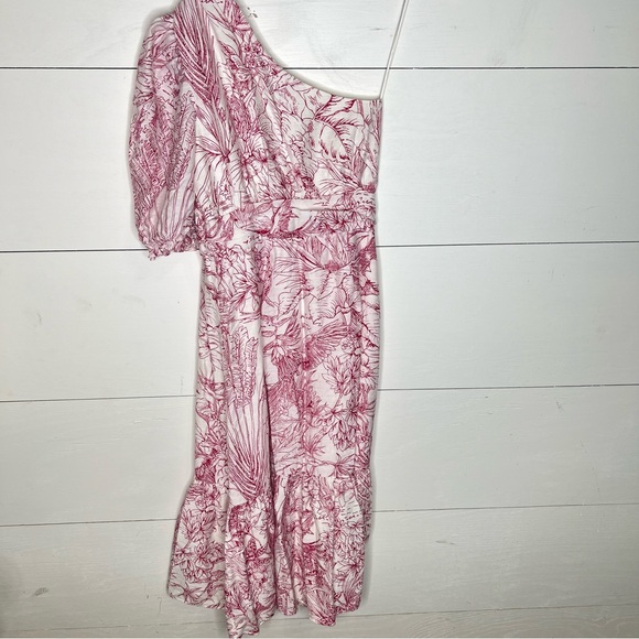 Express • Printed One Shoulder Puff Sleeve Ruffle Hem Midi Dress Size Medium - Picture 8 of 8